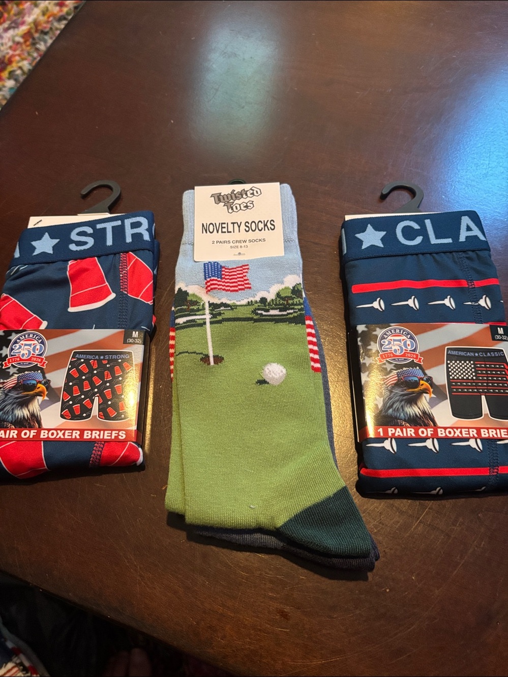 2 Pair America Strong 250 Red White & Blue Beer Pong & Flag Boxers & Socks NWT